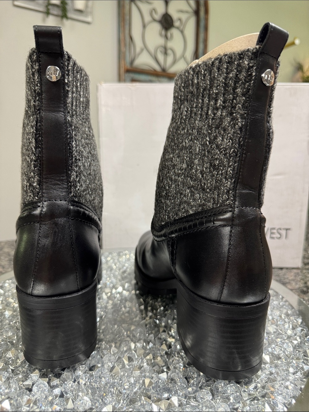 Nine West Black leather Ankle Boots with Gray Knit Cuff NWT 8.5 - Picture 4 of 13